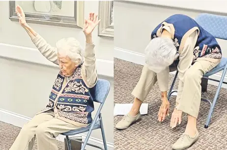  ?? — Photo courtesy of Elk Ridge Village Senior Living ?? A combinatio­n picture shows Jean Bailey, 102, has been teaching exercise class four times a week in the hallway of Elk Ridge Village Senior Living in Omaha. She has no desire to slow down.