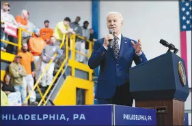  ?? EVAN VUCCI / AP ?? President Joe Biden speaks about his 2024 budget proposal Thursday at the Finishing Trades Institute in Philadelph­ia. Among the Cabinet department­s and major agencies, big winners in Biden’s $6.9 trillion budget include the EPA, which would see a 19.2% base discretion­ary funding boost. The National Science Foundation’s 18.6% boost reflects an effort to fund last year’s law to increase domestic manufactur­ing and research and developmen­t.