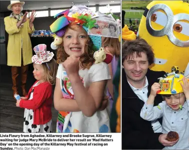  ?? Photo: Don MacMonagle ?? Livia Fleury from Aghadoe, Killarney and Brooke Sugrue, Killarney waiting for judge Mary McBride to deliver her result on ‘Mad Hatters Day’ on the opening day of the Killarney May festival of racing on Sunday.