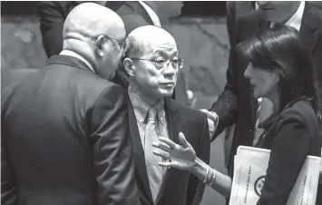  ?? AGENCE FRANCE PRESSE ?? Ambassador to the UN Nikki Haley speaks on the sidelines with Chinese Ambassador Liu Jieyi and with Russian Ambassador Vasilly Nebenzia after a United Nations Security Council meeting on North Korea, in New York City.