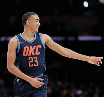  ?? [AP PHOTO] ?? Terrance Ferguson, shown here during Wednesday night’s game against the Lakers, is starting to show his potential with the Thunder.