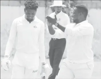  ?? (Royston Alkins photo) ?? Off-spinner, Nkosi Barker sends his former teammate, Steven Sankar on his way after dismissing him yesterday