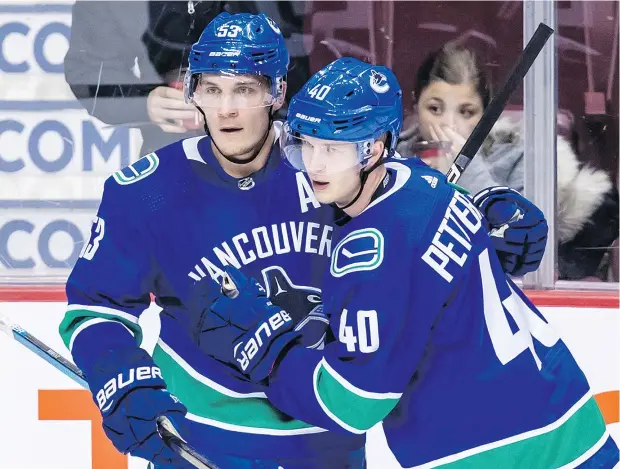  ?? — THE CANADIAN PRESS ?? Bo Horvat, left, and Elias Pettersson, are viewed as leaders of the next wave of talent suiting up for the Vancouver Canucks, but Horvat is already a four-year veteran at age 23 and many of his teammates are also players who have been in this league for years already.