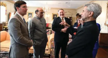  ?? ANI ?? Defence Minister Rajnath Singh, External Affairs Minister Dr S. Jaishankar, US Secretary of State Michael Pompeo and US Secretary of Defense Dr Mark Esper during the India-us 2+2 dialogue in Washington on 19 December 2019.