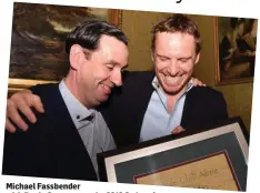  ??  ?? Michael Fassbender with Donie Courtney at the 2016 Order of Innisfalle­n Award presented in Muckross House on Friday.