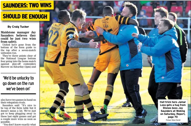  ?? Picture: Steve Terrell ?? Hat-trick hero Jamar Loza gets a hug from Stones boss Jay Saunders at Woking on Saturday. Report, page 70