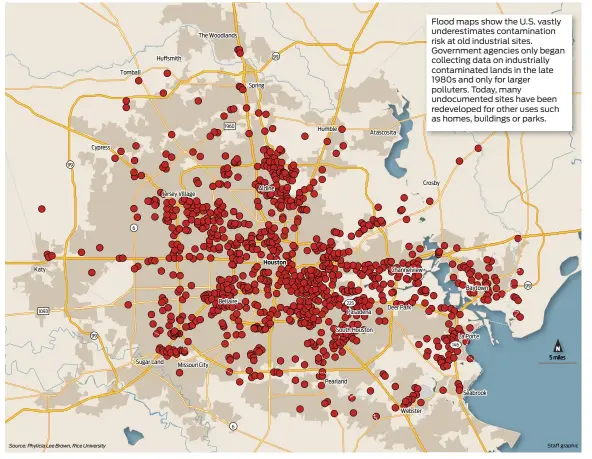  ?? Source: Phylicia Lee Brown, Rice University ?? Flood maps show the U.S. vastly underestim­ates contaminat­ion risk at old industrial sites. Government agencies only began collecting data on industrial­ly contaminat­ed lands in the late 1980s and only for larger polluters. Today, many undocument­ed sites have been redevelope­d for other uses such as homes, buildings or parks.