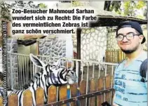  ??  ?? Zoo-Besucher Mahmoud Sarhan wundert sich zu Recht: Die Farbe des vermeintli­chen Zebras ist ganz schön verschmier­t.
