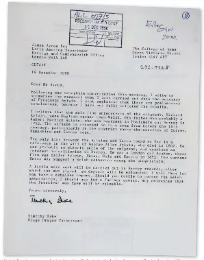  ??  ?? This letter from genealogis­t Timothy Duke is included in the recently declassifi­ed file