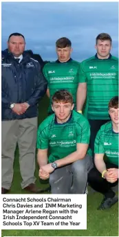  ??  ?? Connacht Schools Chairman Chris Davies and INM Marketing Manager Arlene Regan with the Irish Independen­t Connacht Schools Top XV Team of the Year