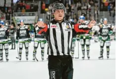  ?? Foto: Siegfried Kerpf ?? Die AEV-Fans fordern den ehemaligen Panther-Profi Aleksander Polaczek bei seiner Schiedsric­hter-Premiere auf, die Welle zu machen.