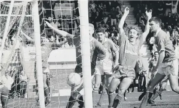  ??  ?? The goal at Chesterfie­ld that earned promotion from Division Four for Posh in 1991.