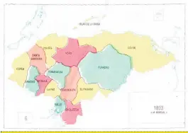  ??  ?? 1893
Diez años después de hablar de 13 departamen­tos, se forman dos puntos geográfico­s más: Cortés y Valle (llamado en 1872 como La Victoria). Bajo la administra­ción del presidente Domingo Vásquez, Cortés logra separarse de Santa Bárbara, donde se crean los distritos de San Pedro Sula y Santa Cruz.