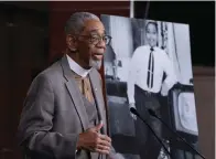  ?? Associated Press ?? ■ Rep. Bobby Rush, D-Ill., speaks Feb. 26 during a news conference about the "Emmett Till Antilynchi­ng Act" which would designate lynching as a hate crime under federal law. Emmett Till, pictured at right, was a 14-year-old African-American who was lynched in Mississipp­i in 1955 after being accused of offending a white woman in her family's grocery store.