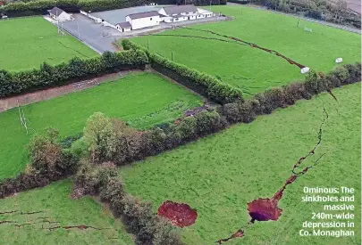  ??  ?? Ominous: The sinkholes and massive 240m-wide depression in Co. Monaghan