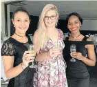  ?? Picture: GILLIAN McAINSH ?? SPARKLERS: Style squad, from left, Debra Young, Ashleigh Parkin and Thato Ruselo enjoyed the Jenni Gault Internatio­nal Jewellery Design Christmas party at Dolphin’s Leap on Tuesday SO BUBBLY: Jenni Gault, left, and Niqui Cloete-Barrass toast to summer at the Jenni Gault Internatio­nal Jewellery Design Christmas party at Dolphin's Leap on Tuesday