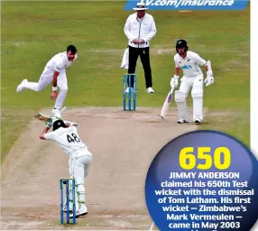  ?? ACTIONN IMAGES ?? Landmark: Jimmy Anderson bowls Tom om Latham for wicket No 650