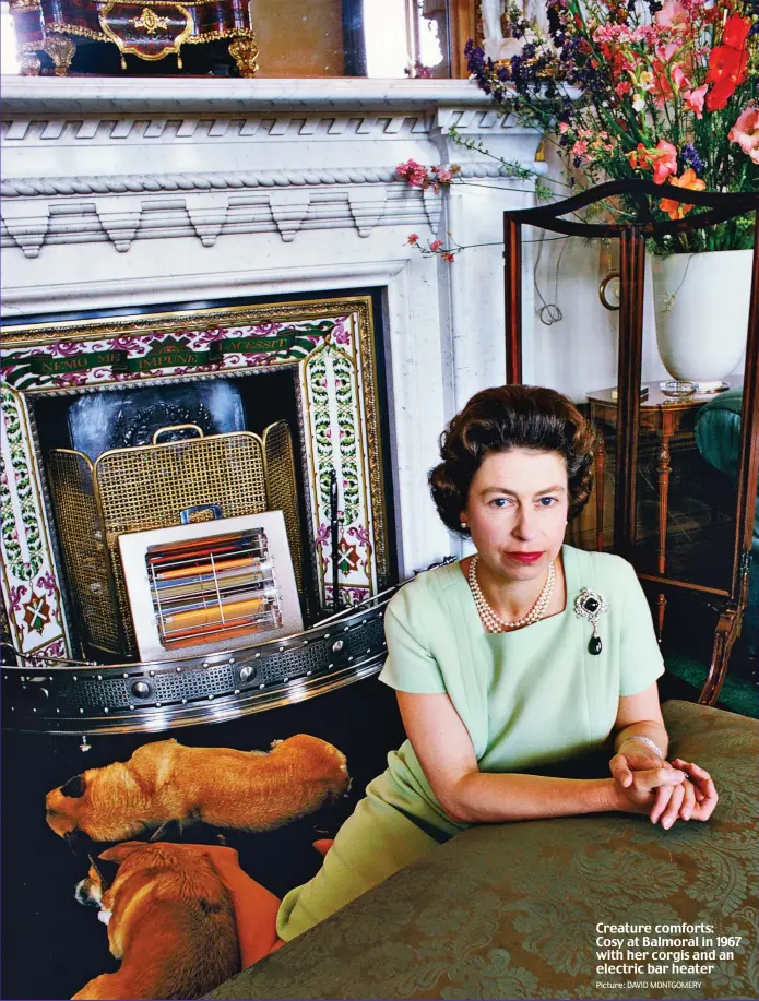 ?? Picture: DAVID MONTGOMERY ?? Creature comforts: Cosy at Balmoral in 1967 with her corgis and an electric bar heater