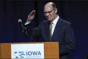  ?? CHARLIE NEIBERGALL — THE ASSOCIATED PRESS ?? Retired Navy Admiral Mike Franken salutes before speaking at the Iowa Democratic Party’s Liberty and Justice Celebratio­n in Des Moines.