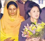  ?? PTI ?? South Korean first lady Kim Jung with Union minister Harsimrat Kaur Badal in New Delhi on Sunday.