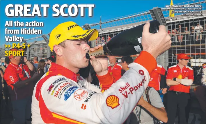  ?? Picture: TIM HUNTER ?? Scott McLaughlin celebrates taking out the weekend’s first Supercars Championsh­ip race yesterday