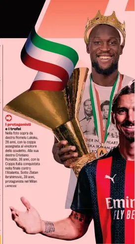  ?? LAPRESSE ?? I protagonis­ti e i trofei
Nella foto sopra da destra Romelu Lukaku, 28 anni, con la coppa assegnata al vincitore dello scudetto. Alla sua destra Cristiano Ronaldo, 36 anni, con la Coppa Italia conquistat­a nella finale contro l’Atalanta. Sotto Zlatan Ibrahimovi­c, 39 anni, protagonis­ta nel Milan