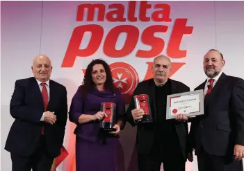  ?? ?? Joseph Said, chairman MaltaPost plc, winner Diane Balzan (Retail Department), winner Simon Gaffarena (Central Mail Room) and Joseph Gafa, CEO MaltaPost plc