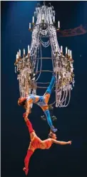  ?? MARISSA BAECKER/Shoot the Breeze ?? Cirque du Soleil acrobats perform hanging from a “chandelier” during Corteo Wednesday night at Prospera Place.