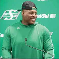  ?? BRANDON HARDER ?? Defensive tackle Micah Johnson was all smiles when talking about the Roughrider­s’ facilities at Mosaic Stadium in Regina.