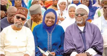  ?? ?? Former Member of the House of Representa­tives, who represente­d Yewa North/ Imeko- Afon Federal Constituen­cy, Olaifa Jimoh Aremu; Ogun State Deputy Governor, Engr. ( Mrs.) Noimot Salako- Oyedele and her husband, Alhaji Olabode Kacheef Oyedele, during the Salako yearly Family Lecture/ Tasfir held at Ota Recreation Club Field, GRA, Ota, Ogun State,,, yesterday.