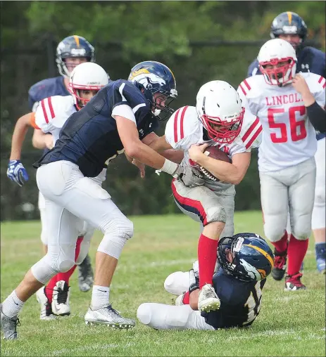  ?? File photos by Ernest A. Brown ?? After a bye week following a blowout loss to Burrillvil­le, Justin Rutter (above) and the Lincoln football team bounced back with a 55-20 Division III victory over Ponaganset Saturday morning. Lincoln coach Sean Cavanaugh (below) wasn’t happy with the...