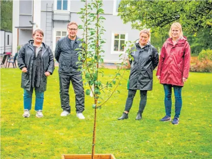  ?? Bilder: Katrin Niklasson ?? Enhetschef Tanja Jääskeläin­en, Gläntans personal Henrik Wahlin och Nina Hammarstra­nd samt frivilligs­amordnaren Josefine Werner Alm vid det päronträd som planterade­s under invigninge­n.