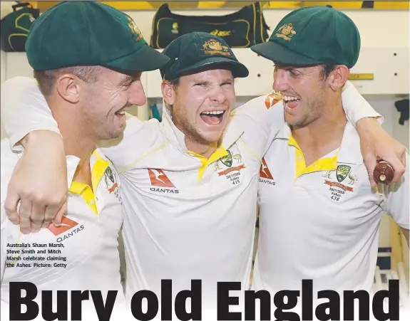  ?? Australia’s Shaun Marsh, Steve Smith and Mitch Marsh celebrate claiming the Ashes. Picture: Getty ??