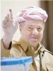  ?? — Reuters ?? Former Iraqi Kurdistan region president Masoud Barzani shows his ink-stained finger after casting his vote on the outskirts of Erbil, Iraq, on Sunday.