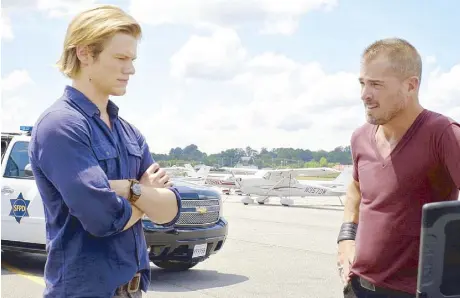  ??  ?? Right: Lucas Till (left) and George Eads in a scene from MacGyver. Far right: Till flying. Present at the recent internatio­nal presscon hosted by CBS Studios Internatio­nal were (below, from left) Eads, Till and writer/executive producer James Wan.