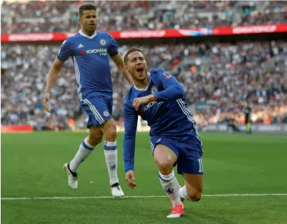  ?? Reuters ?? Chelsea’s Eden Hazard celebrates his goal against Tottenham Hotspur during the FA Cup semifinal on Saturday. —