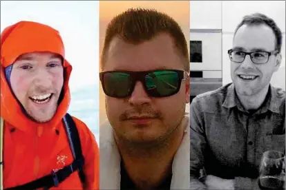  ??  ?? OMKOMNA. Mikael Sten, André Stenfors och Niklas Nyman omkom i en lavin på Blåbærfjel­let i Tamokdalen. Norska polisen publicerad­e bilderna enligt de anhörigas önskemål.