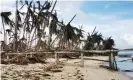  ?? Photograph: Ferdinandh Cabrera/AFP/Getty Images ?? Uprooted coconut trees litter on a boardwalk in Dapa town, Siargao island.