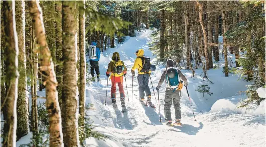  ?? JOSH LASKIN PHOTOS ?? A group travels up the Tuckerman Ravine Trail on Mount Washington in New Hampshire during the 2023 Mount Washington Backcountr­y Ski Festival last February.