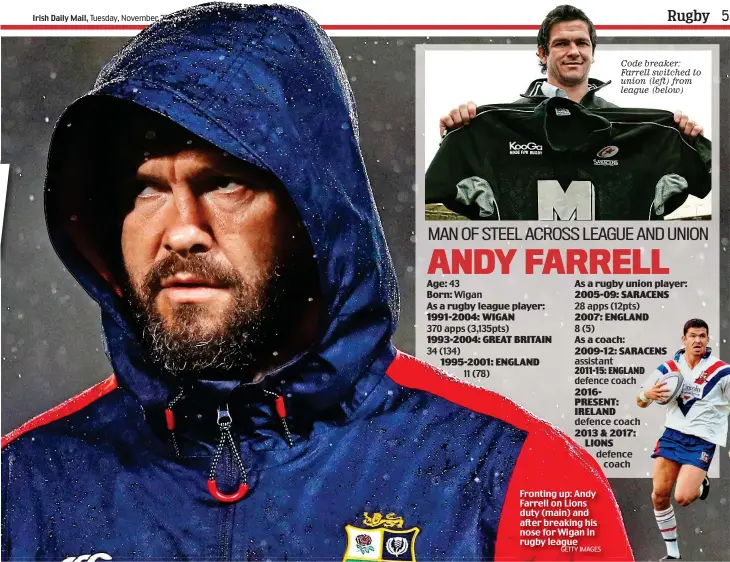  ?? GETTY IMAGES ?? Fronting up: Andy Farrell on Lions duty (main) and after breaking his nose for Wigan in rugby league