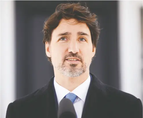  ?? Sean Kilpat rick / THE CANADIAN PRESS ?? “We need a stable supply of these products and that means making them at home,” Prime Minister Justin Trudeau
said of medical equipment to fight COVID-19 at his daily briefing Tuesday at Rideau Cottage in Ottawa.