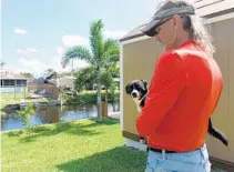  ?? TAIMY ALVAREZ/STAFF PHOTOGRAPH­ER ?? Joseph Liscinsky, holding his dog, Midnight, by the canal in back of his home, feared the pup “was going to be a midnight snack.”