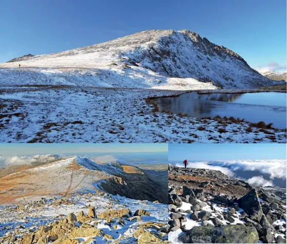  ??  ?? [Captions clockwise from top] View looking west to Glyder Fach from Llyn Caseg-fraith; A thick blanket of cloud stretches south from the crest of the Glyderau; Y Garn glows like burnt ginger on the steep descent from Glyder Fawr