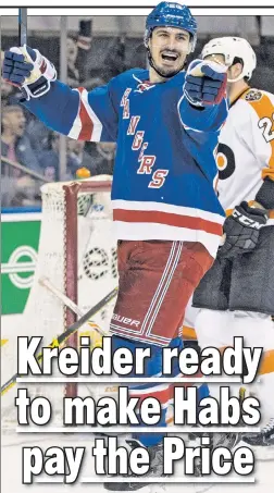  ?? Anthony J. Causi ?? CHRIS IS HOW YOU DO IT! Chris Kreider reacts after scoring his 28th goal of the season during the third period of the Rangers’ 4-3 victory over the Flyers on Sunday night.