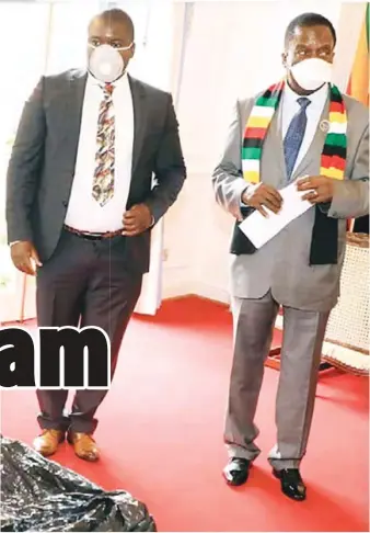  ??  ?? Drax frontman Delish Nguwaya (left) poses for a picture with President Emmerson Mnangagwa at State House during a donation of COVID-19 equipment worth around US$200 000 last month