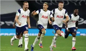  ??  ?? Tottenham’s Harry Kane (left), Erik Lamela, Eric Dier and Serge Aurier celebrate after Mason Mount missed Chelsea’s fifth penalty. Photograph: Matt Dunham/PA