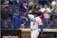  ?? MARY ALTAFFER — THE ASSOCIATED PRESS ?? New York Mets’ Starling Marte reacts as he reaches home plate after hitting a two-run home run during the third inning of a baseball game against the Pittsburgh Pirates, Wednesday, April 17, 2024, in New York.