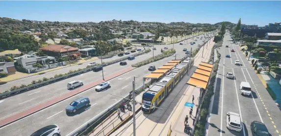  ?? ?? Render of the Gold Coast Light Rail Stage 4 between Tugun and Coolangatt­a. Picture: Department of Transport and Main Roads.