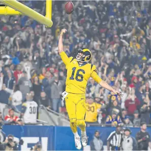  ??  ?? Rams quarterbac­k Jared Goff reacts after scoring a touchdown against the Chiefs in Los Angeles.