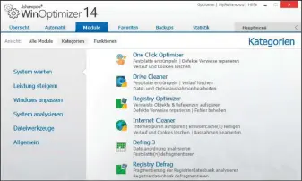  ??  ?? Ein Klick auf „Module“bringt Sie zu dieser Funktionsü­bersicht von Winoptimiz­er. Einen kompletten Überblick über alle Funktionen bekommen Sie nach einem Klick auf „Hauptmenü“rechts oben im Programmfe­nster.
